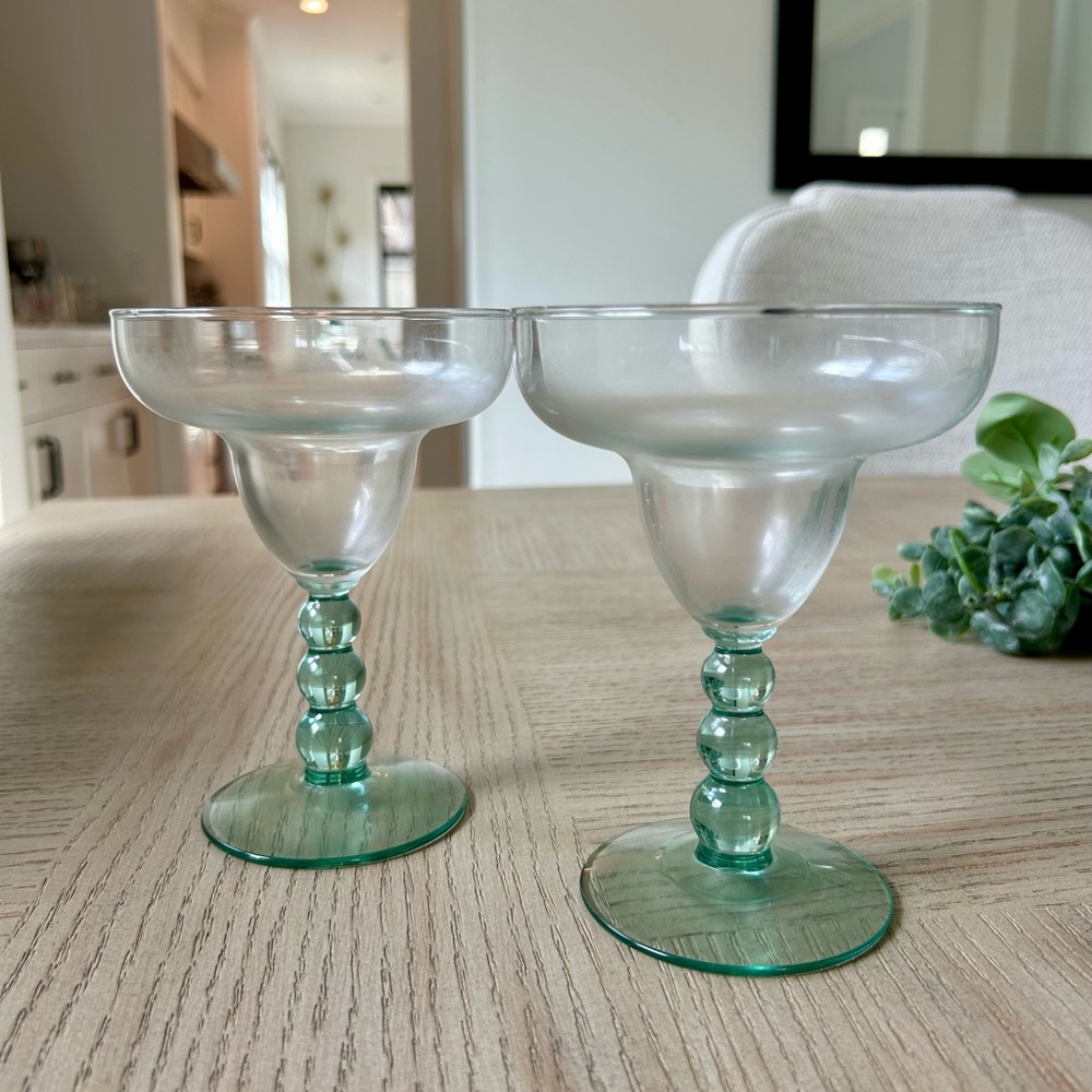 New Clear and Green Glass Margarita Glasses Set of 2 with Green Decorative Stem